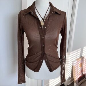 Princess Polly Brown Sheer Glitter Button-Up Women's Top